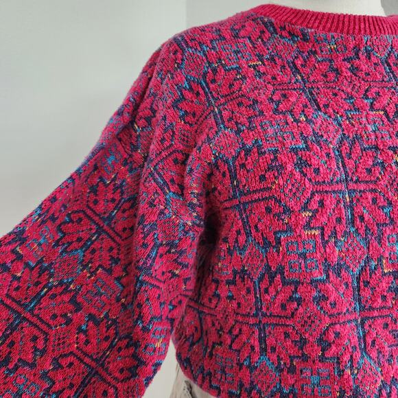Vintage 80s Isle of Cotton Red Blue Geometric Knit Sweater Drop Shoulder L - Picture 3 of 9